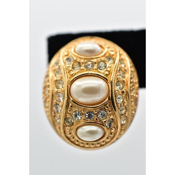 Christian Dior Vintage Clip On Earrings Rhinestone Crystal Pearl Gold Signed 9I - Picture 6 of 12